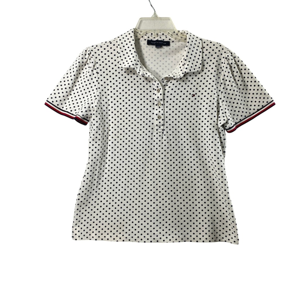 Tommy Hilfiger Polka Dot Polo Shirt Women‎ L Short Sleeve Preppy White Navy Top